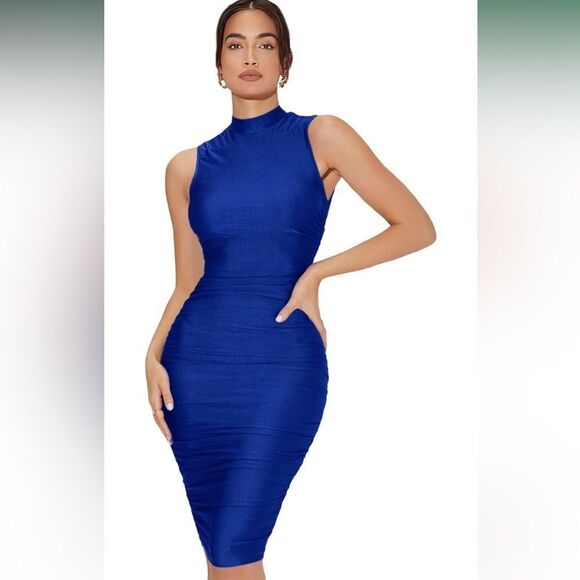 Women's Solid Sleeveless Mock Neck Knee Length Ruched Bodycon Dress Blue Solid L - Picture 2 of 6